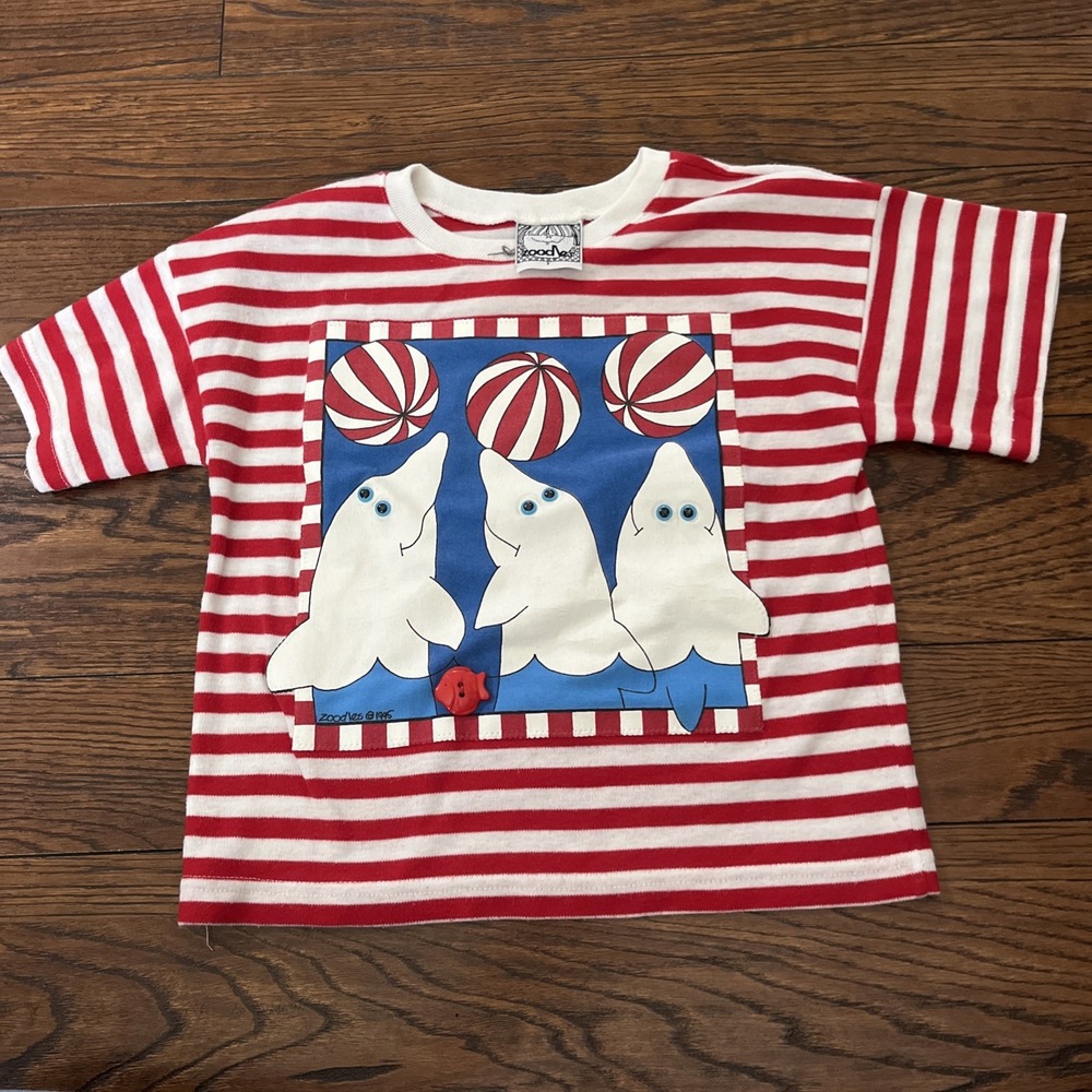 VTG Y2K 1995 zoodles kids red white striped shirt whales balls 3d eyes 7